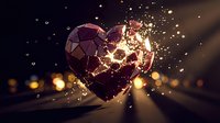 Glowing polygonal heart with golden light particles and bokeh effects on dark background for romantic designs and Valentine's Day projects.