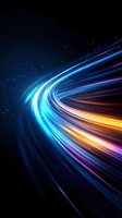 Dynamic light trails curve through dark space creating colorful streaks of blue, orange and purple energy against starry background, suggesting high-speed motion and technology.