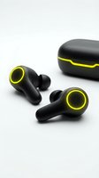 Wireless earbuds with neon yellow accents and matching charging case on white background, isolated for product design and marketing use.