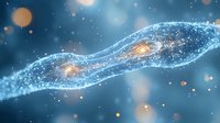 Glowing DNA strand with luminous particles on blue background, genetic research concept showing molecular structure and genetic code visualization.