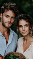 Close-up portrait of attractive young couple outdoors with natural lighting. Man in blue linen shirt and woman in floral dress holding wicker basket with fresh greens.