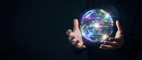 Hands holding glowing digital globe with network connections and light effects against dark background, representing global technology, data connectivity, and worldwide business innovation.
