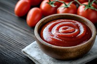 Fresh tomato ketchup sauce in wooden bowl with raw tomatoes on vine against dark wooden background, homemade condiment for cooking and serving.