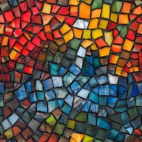 Vibrant stained glass mosaic pattern with colorful irregular pieces transitioning from warm reds and oranges at top to cool blues at bottom, perfect for abstract backgrounds and design projects.