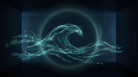 Glowing teal particle wave with circular light halo on dark background, digital ocean energy concept for tech, science, and futuristic design.