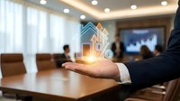 Business professional holding glowing house with percentage symbol in modern conference room representing mortgage rates and real estate investment opportunities.