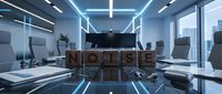 Modern corporate boardroom with glass conference table and executive chairs in futuristic office interior with LED lighting and city skyline view.