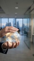 Businessman holding glowing crystal sphere in modern office with city skyline view through windows, symbolizing innovation, future vision, and business strategy planning.