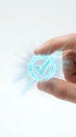 Hand holding glowing cyan checkmark symbol with light rays, representing approval, verification, quality assurance, and digital validation for business concepts.