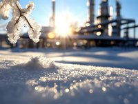 Snow-covered branch against industrial facility background with sun flare creating magical winter atmosphere. Frost crystals sparkle in morning light at manufacturing plant.