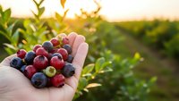 Fresh mixed berries in cupped hands at organic farm during golden hour sunset with blueberry bushes in background for healthy eating and agriculture.