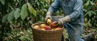 Farmer harvesting fresh cacao pods in wicker basket at organic plantation. Agricultural worker collecting ripe cocoa fruits for chocolate production in tropical farm.