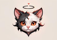 Adorable black and white cat face with angel halo and heart, featuring orange eyes and fluffy fur. Cartoon style character design for stickers, prints and merchandise.