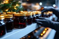 Dark ruby jam jars lined on white shelf with golden bokeh lights and evergreen branches, festive holiday food gift packaging and artisanal preserve presentation.