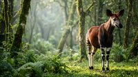 Okapi standing in lush green rainforest with moss-covered trees and ferns creating natural wildlife habitat for conservation and environmental themes.