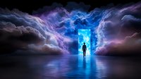 Silhouette of person walking through glowing blue portal doorway in dramatic stormy sky with lightning and purple clouds reflecting on water surface.