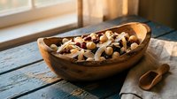 Wooden bowl filled with mixed nuts and dried fruits on rustic table near window with warm natural lighting for healthy snacking and cooking.