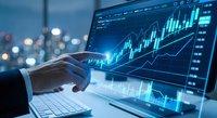Professional trader analyzing financial market data on computer screen with glowing charts and graphs in modern office environment for investment decisions.