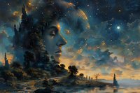 Mystical night landscape with ethereal female profile merged into starry sky, castle silhouette, and moonlit water creating dreamy fantasy atmosphere.