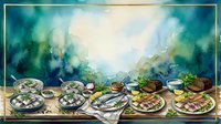 Watercolor feast spread with grilled fish, salads and fresh ingredients on wooden table against dreamy blue-green background for culinary designs.