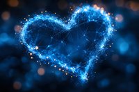 Glowing blue heart shape formed by connected dots and lines with sparkle effects on dark background, creating futuristic network visualization.