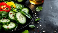 Fresh cucumber slices garnished with spinach leaves, red chili peppers, and seasonings on black plate against dark background. Food photography for healthy eating.