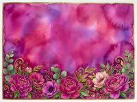 Watercolor floral border with pink and purple blooms, peonies, and gold accents on vibrant magenta background, copy space for text.