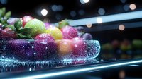Fresh strawberries and grapes in water with sparkling droplets and bokeh lights creating magical food photography atmosphere on dark background.