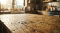 Rustic wooden table surface with warm sunlight streaming through kitchen window, blurred interior background with countertops and appliances for home decor and lifestyle content.