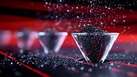 Elegant martini glasses with water droplets and splashes against dramatic red background, creating luxurious atmosphere for cocktail and beverage photography.