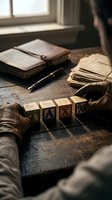 Accountant or tax professional arranging wooden blocks spelling tax percentage at desk with ledgers, pen, and documents in natural window light for accounting and financial planning concepts.