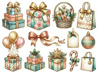 Festive gift boxes, wrapped presents, shopping bags, balloons, ribbons, candy canes, ornaments, and wicker basket with holiday decorations in vintage watercolor style for seasonal celebrations and gift-giving occasions.