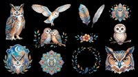 Owl tattoo designs collection with ornamental details, feathers, and floral elements isolated on transparent background, ready for t-shirt printing, stickers, clipart, sublimation and print-on-demand products.
