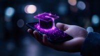 Glowing purple graduation cap hologram floating above smartphone in hand against dark background with bokeh lights, representing digital education concept.