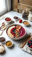 Smoothie bowl topped with fresh berries, banana slices, and granola served with ingredients including seeds, nuts, and nut butter for healthy breakfast preparation.