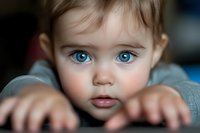 Close up portrait of young child with striking blue eyes and innocent expression wearing gray sweater, soft focus background creates dreamy atmosphere.