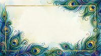 Elegant peacock feather border frame with ornate swirls and decorative elements on cream background for luxury invitations and greeting cards.