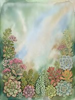Watercolor succulent garden frame with soft pastel background for botanical designs, wedding invitations, greeting cards and nature-themed projects.
