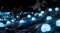 Glowing blue spheres scattered across dark rocky terrain create magical nighttime atmosphere. Luminous orbs emit soft ethereal light against textured landscape.