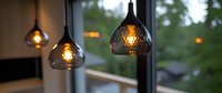 Modern pendant lights with textured smoky glass shades hanging from ceiling, warm glowing filament bulbs create cozy atmosphere in contemporary interior space.