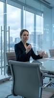 Professional businesswoman in black suit sitting at modern conference table in corporate office with city skyline view through floor-to-ceiling windows.