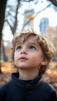 Young child with curly blonde hair and blue eyes looking up at sky while wearing dark sweater, captured during autumn with blurred fall foliage background.