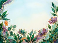 Watercolor floral frame with teal, purple and orange flowers, green leaves and gold accents on light background with copy space.