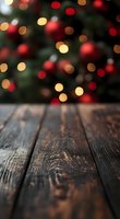 Festive Christmas background with defocused tree lights and red ornaments behind rustic wooden table surface, creating magical holiday atmosphere.