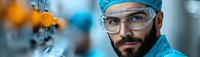 Middle Eastern male scientist wearing protective goggles and surgical cap in modern laboratory setting with blurred orange and blue background elements.