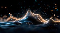 Glowing particles form abstract mountain landscape with luminous waves and sparkles against dark background, creating magical atmospheric scene.