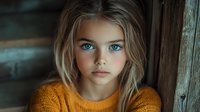 Young blonde girl with striking blue eyes wearing orange sweater portrait for children photography and family lifestyle content.
