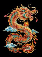 Colorful traditional Asian dragon with flames and clouds, isolated on transparent background. Great for t-shirt design, stickers, clipart, sublimation, and print on demand.