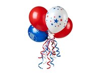 Patriotic balloons in red, white, and blue with stars and ribbons isolated on white background, perfect for Fourth of July, Independence Day, and American holiday celebrations.
