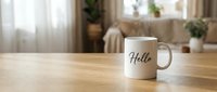 White ceramic mug with Hello text on wooden table in cozy living room interior, steam rising, warm natural light, mockup for branding.